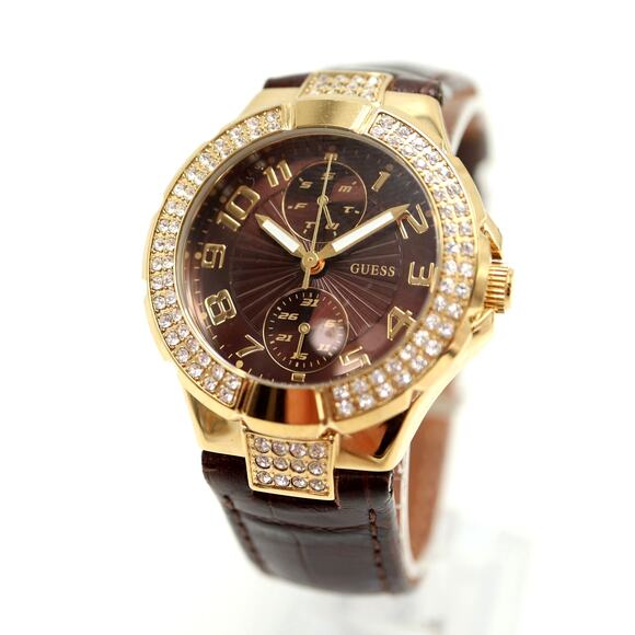Guess Mini Prism Gold Tone Brown Day Date 35mm Watch Leather Strap w New Battery - Picture 1 of 13